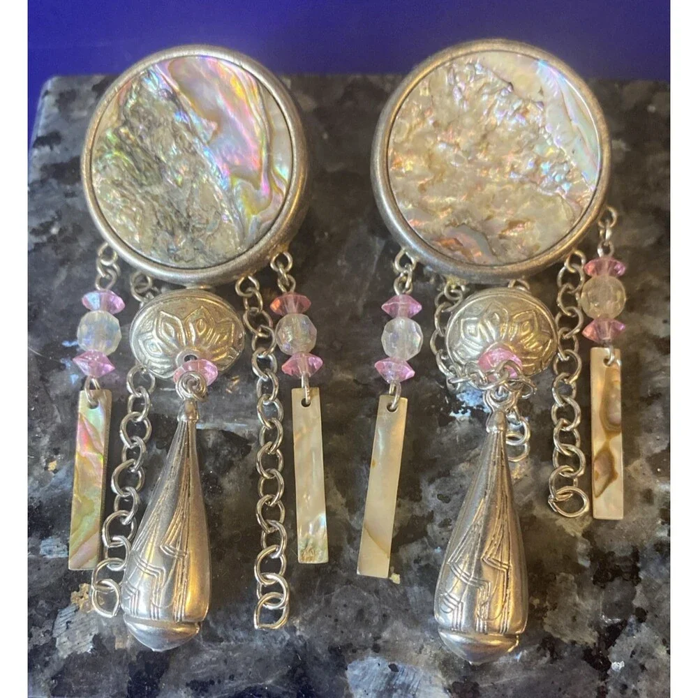 Vintage Artisan Boho Style Drop Earrings.Iridescent Pink and Silver